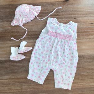 Kissy Kissy jumper, booties, and hat set, 6-9 mo